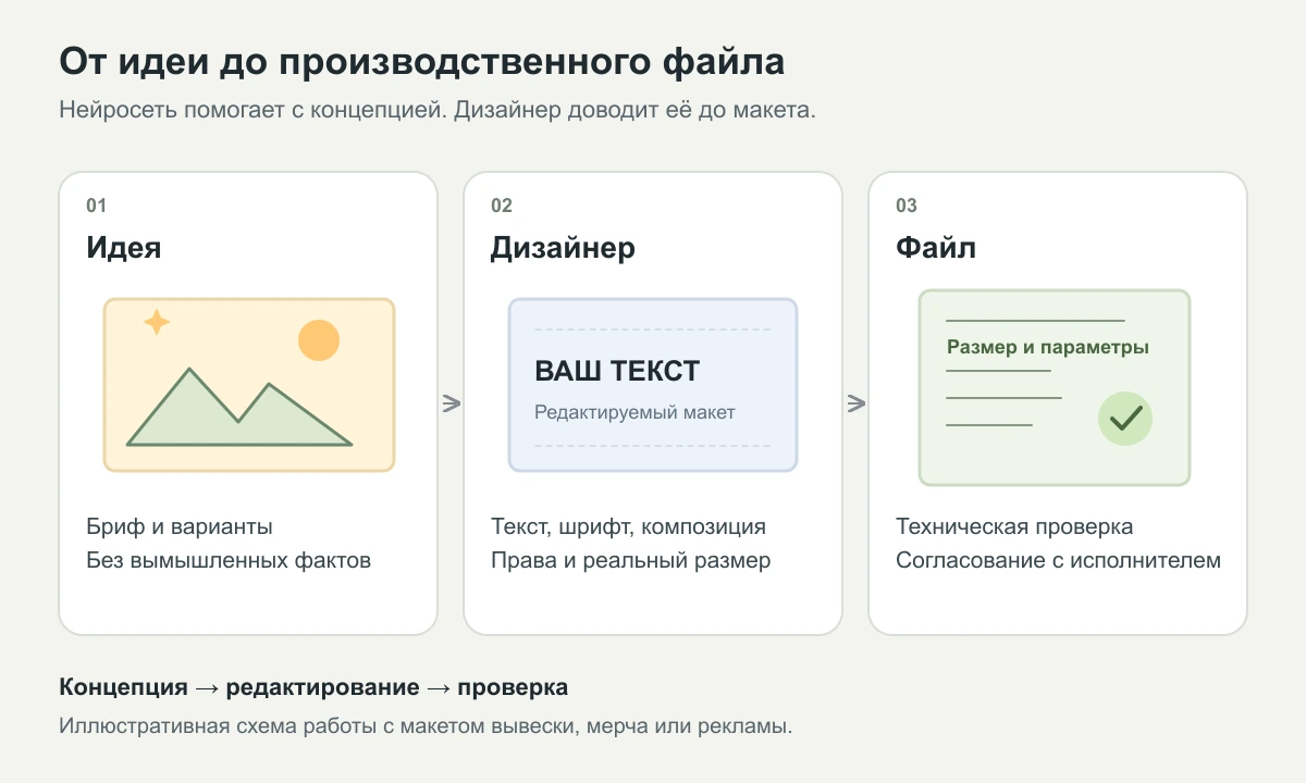 Три этапа: идея с помощью нейросети, доработка дизайнером и проверка файла для производства.